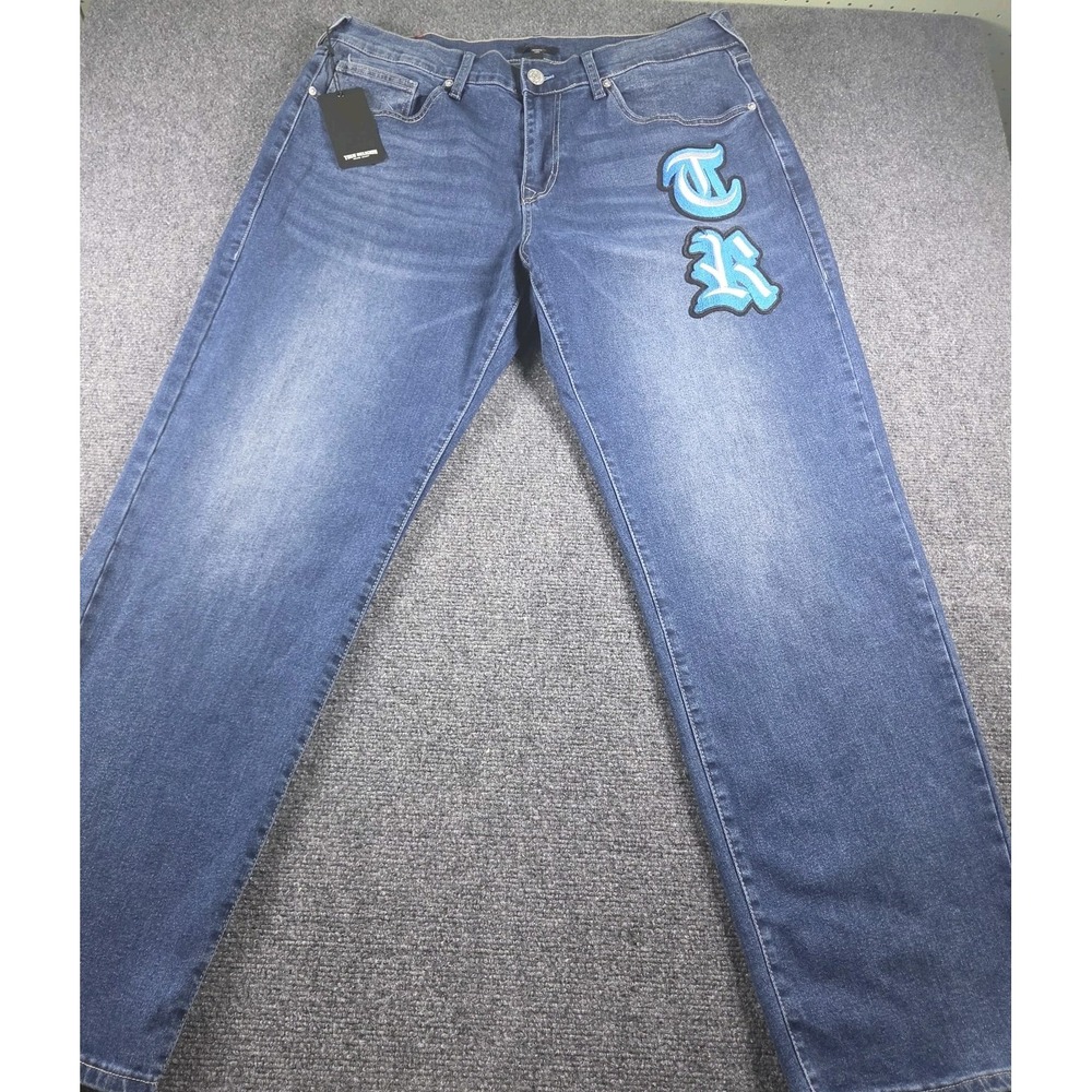 True Religion Bobby Applique Relaxed Baggy Jeans 34x32 Medium Blaze Wash NWT